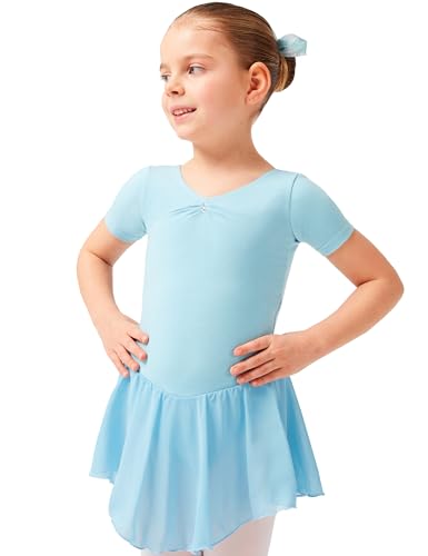 tanzmuster ® Ballettkleid Mädchen Kurzarm - Betty - aus Baumwolle mit Glitzersteinen und Chiffon Röckchen in hellblau, Größe:152/158 von tanzmuster