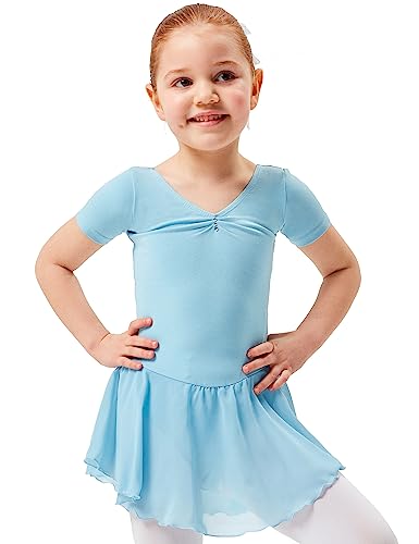 tanzmuster ® Ballettkleid Mädchen Kurzarm - Betty - aus Baumwolle mit Glitzersteinen und Chiffon Röckchen in hellblau, Größe:164/170 von tanzmuster