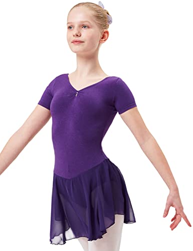 tanzmuster ® Ballettkleid Mädchen Kurzarm - Betty - aus Baumwolle mit Glitzersteinen und Chiffon Röckchen in lila, Größe:128/134 von tanzmuster