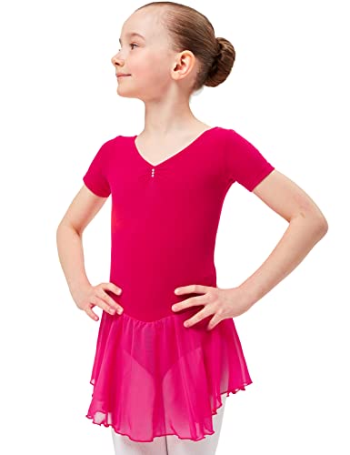 tanzmuster ® Ballettkleid Mädchen Kurzarm - Betty - aus Baumwolle mit Glitzersteinen und Chiffon Röckchen in pink, Größe:104/110 von tanzmuster