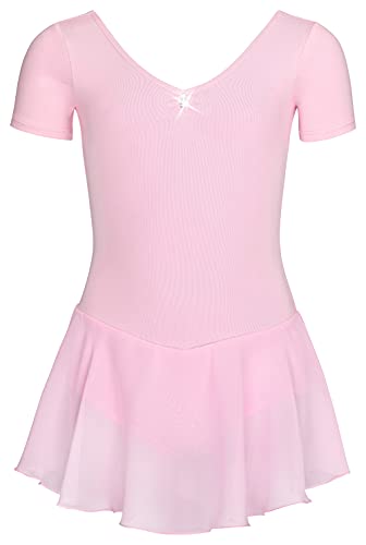 tanzmuster ® Ballettkleid Mädchen Kurzarm - Betty - aus Baumwolle mit Glitzersteinen und Chiffon Röckchen in rosa, Größe:128/134 von tanzmuster