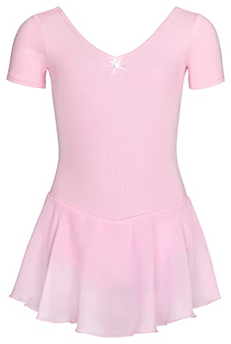 tanzmuster ® Ballettkleid Mädchen Kurzarm - Betty - aus Baumwolle mit Glitzersteinen und Chiffon Röckchen in rosa, Größe:140/146 von tanzmuster