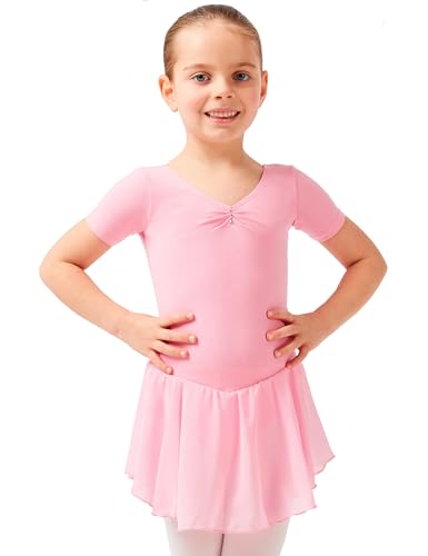 tanzmuster ® Ballettkleid Mädchen Kurzarm - Betty - aus Baumwolle mit Glitzersteinen und Chiffon Röckchen in rosa, Größe:164/170 von tanzmuster