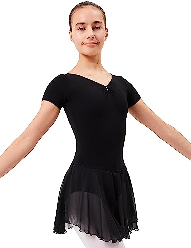 tanzmuster ® Ballettkleid Mädchen Kurzarm - Betty - aus Baumwolle mit Glitzersteinen und Chiffon Röckchen in schwarz, Größe:104/110 von tanzmuster