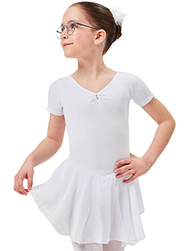 tanzmuster ® Ballettkleid Mädchen Kurzarm - Betty - aus Baumwolle mit Glitzersteinen und Chiffon Röckchen in weiß, Größe:116/122 von tanzmuster