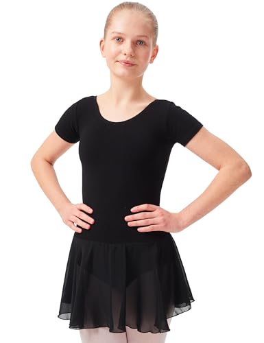 tanzmuster ® Ballettkleid Mädchen Kurzarm - Lucy - Baumwolle - Chiffon Röckchen - schwarz, Größe:152/158 von tanzmuster