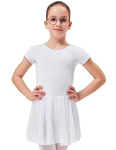 tanzmuster ® Ballettkleid Mädchen Kurzarm - Lucy - Baumwolle - Chiffon Röckchen - weiß, Größe:104/110 von tanzmuster