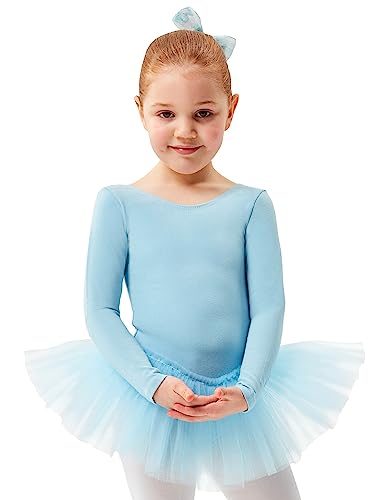 tanzmuster ® Ballettkleid Mädchen Langarm - Alea - (Größe 92-170) Tutu aus weicher Baumwolle Ballettbody Ballett Trikot in hellblau, Größe 104/110 von tanzmuster