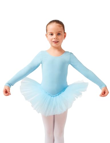 tanzmuster ® Ballettkleid Mädchen Langarm - Alea - (Größe 92-170) Tutu aus weicher Baumwolle Ballettbody Ballett Trikot in hellblau, Größe 128/134 von tanzmuster