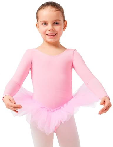 tanzmuster ® Ballettkleid Mädchen Langarm - Alea - (Größe 92-170) Tutu aus weicher Baumwolle Ballettbody Ballett Trikot in rosa, Größe 152/158 von tanzmuster