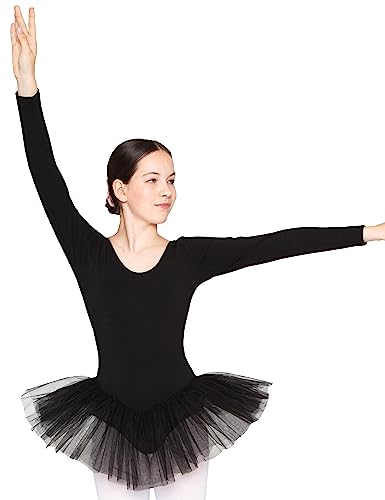 tanzmuster ® Ballettkleid Mädchen Langarm - Alea - (Größe 92-170) Tutu aus weicher Baumwolle Ballettbody Ballett Trikot in schwarz, Größe 104/110 von tanzmuster