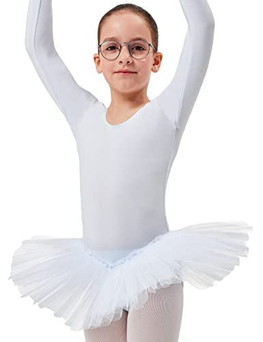 tanzmuster ® Ballettkleid Mädchen Langarm - Alea - (Größe 92-170) Tutu aus weicher Baumwolle Ballettbody Ballett Trikot in weiß, Größe 104/110 von tanzmuster