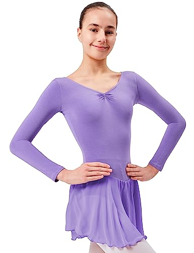 tanzmuster ® Ballettkleid Mädchen Langarm - Anna - aus weichem Baumwollstoff mit Glitzersteinen und Chiffon Röckchen fürs Kinder Ballett Ballettbodyin Lavendel, Größe:140/146 von tanzmuster