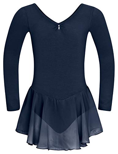 tanzmuster ® Ballettkleid Mädchen Langarm - Anna - aus weichem Baumwollstoff mit Glitzersteinen und Chiffon Röckchen fürs Kinder Ballett Ballettbodyin Marineblau, Größe:116/122 von tanzmuster