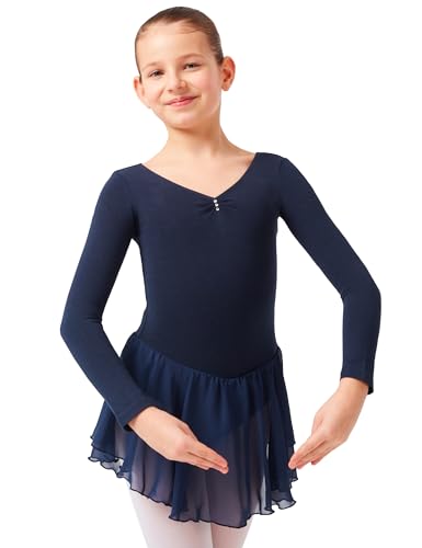 tanzmuster ® Ballettkleid Mädchen Langarm - Anna - aus weichem Baumwollstoff mit Glitzersteinen und Chiffon Röckchen fürs Kinder Ballett Ballettbodyin Marineblau, Größe:152/158 von tanzmuster