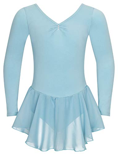 tanzmuster ® Ballettkleid Mädchen Langarm - Anna - aus weichem Baumwollstoff mit Glitzersteinen und Chiffon Röckchen fürs Kinder Ballett Ballettbodyin hellblau, Größe:104/110 von tanzmuster