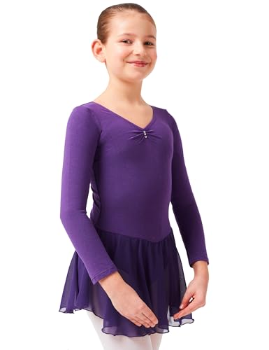 tanzmuster ® Ballettkleid Mädchen Langarm - Anna - aus weichem Baumwollstoff mit Glitzersteinen und Chiffon Röckchen fürs Kinder Ballett Ballettbody in lila, Größe:128/134 von tanzmuster