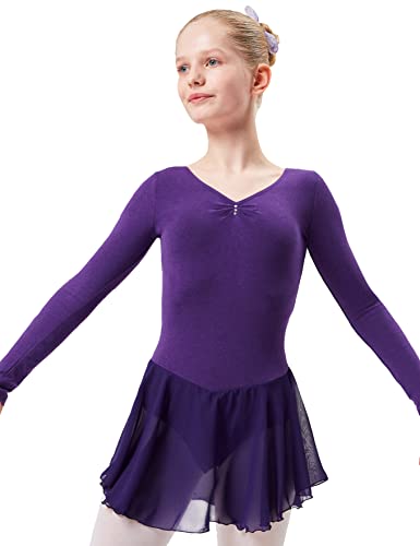 tanzmuster ® Ballettkleid Mädchen Langarm - Anna - aus weichem Baumwollstoff mit Glitzersteinen und Chiffon Röckchen fürs Kinder Ballett Ballettbody in lila, Größe:152/158 von tanzmuster