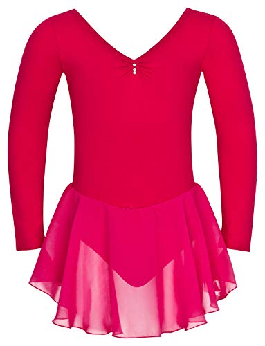 tanzmuster ® Ballettkleid Mädchen Langarm - Anna - aus weichem Baumwollstoff mit Glitzersteinen und Chiffon Röckchen fürs Kinder Ballett Ballettbodyin pink, Größe:116/122 von tanzmuster