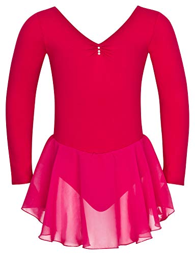 tanzmuster ® Ballettkleid Mädchen Langarm - Anna - aus weichem Baumwollstoff mit Glitzersteinen und Chiffon Röckchen fürs Kinder Ballett Ballettbodyin pink, Größe:140/146 von tanzmuster