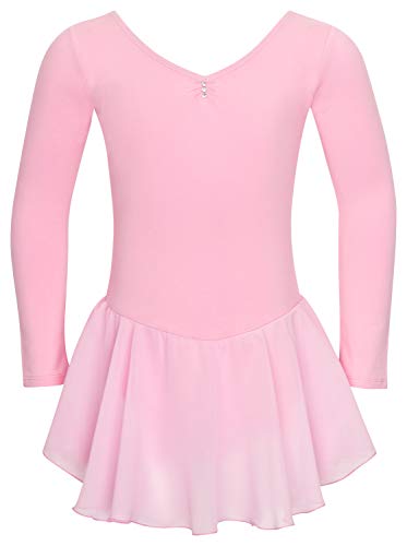 tanzmuster ® Ballettkleid Mädchen Langarm - Anna - aus weichem Baumwollstoff mit Glitzersteinen und Chiffon Röckchen fürs Kinder Ballett Ballettbodyin rosa, Größe:104/110 von tanzmuster