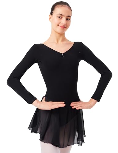 tanzmuster ® Ballettkleid Mädchen Langarm - Anna - aus weichem Baumwollstoff mit Glitzersteinen und Chiffon Röckchen fürs Kinder Ballett Ballettbodyin schwarz, Größe:104/110 von tanzmuster