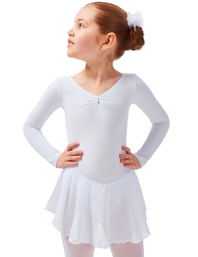 tanzmuster ® Ballettkleid Mädchen Langarm - Anna - aus weichem Baumwollstoff mit Glitzersteinen und Chiffon Röckchen fürs Kinder Ballett Ballettbodyin weiß, Größe:104/110 von tanzmuster