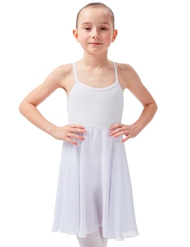 tanzmuster ® Ballettkleid Mädchen Träger - Alma - aus weicher Baumwolle mit langem Chiffon Röckchen Trikot Ballettanzug Ballettbody fürs Kinder Ballett in weiß, Größe:104/110 von tanzmuster