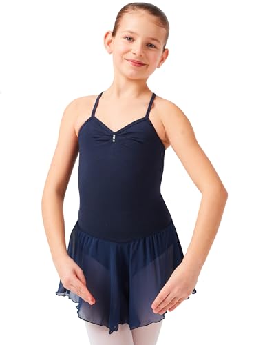 tanzmuster Kinder Ballettkleid Maja - süßer Spaghetti-Träger Ballettbody mit Chiffon Röckchen und Glitzersteinen in Marineblau, Größe:104/110 von tanzmuster