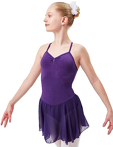 tanzmuster Kinder Ballettkleid Maja - süßer Spaghetti-Träger Ballettbody mit Chiffon Röckchen und Glitzersteinen in lila, Größe:116/122 von tanzmuster