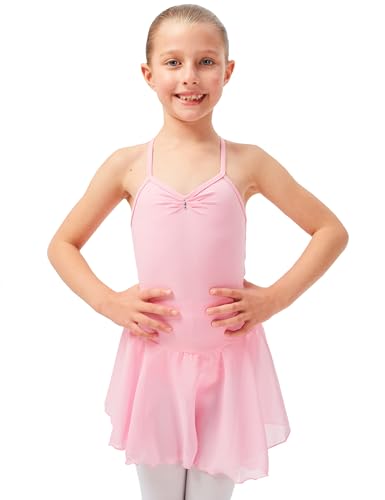 tanzmuster Kinder Ballettkleid Maja - süßer Spaghetti-Träger Ballettbody mit Chiffon Röckchen und Glitzersteinen in rosa, Größe:152/158 von tanzmuster