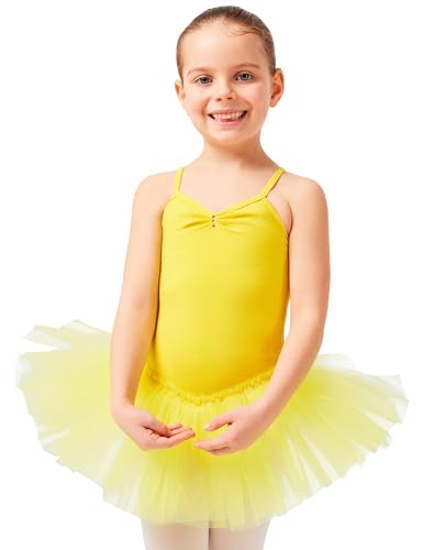 tanzmuster Ballettkleid Mädchen Tutu - Kim - weicher Baumwollstoff - Glitzersteine - Ballett Trikot mit Tüllrock für Kinder - gelb, 92/98 von tanzmuster