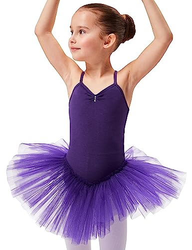 tanzmuster Ballettkleid Mädchen Tutu - Kim - weicher Baumwollstoff - Glitzersteine - Ballett Trikot mit Tüllrock für Kinder - lila, 128/134 von tanzmuster