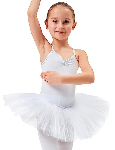 tanzmuster Ballettkleid Mädchen Tutu - Kim - weicher Baumwollstoff - Glitzersteine - Ballett Trikot mit Tüllrock für Kinder - weiß, 140/146 von tanzmuster