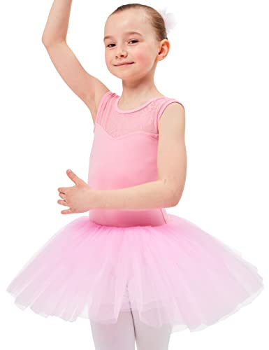 tanzmuster ® Ballettkleid Mädchen Tutu - Lottie - aus weichem Baumwollmaterial mit Spitzeneinsatz vorn und Tuturock Trikot fürs Kinder Ballett in rosa, Größe:104/110 von tanzmuster