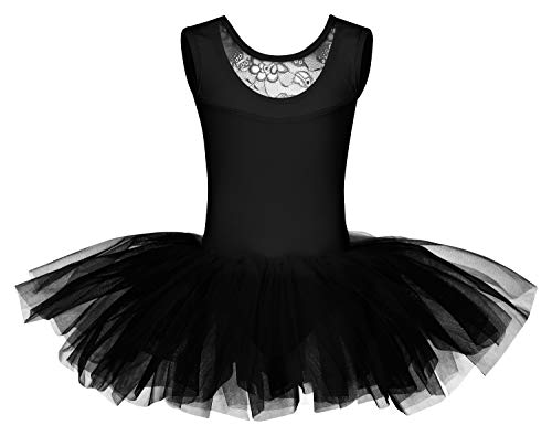 tanzmuster ® Ballettkleid Mädchen Tutu - Lottie - aus weichem Baumwollmaterial mit Spitzeneinsatz vorn und Tuturock Trikot fürs Kinder Ballett in schwarz, Größe:104/110 von tanzmuster