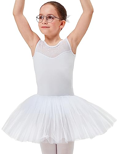 tanzmuster ® Ballettkleid Mädchen Tutu - Lottie - aus weichem Baumwollmaterial mit Spitzeneinsatz vorn und Tuturock Trikot fürs Kinder Ballett in weiß, Größe:116/122 von tanzmuster