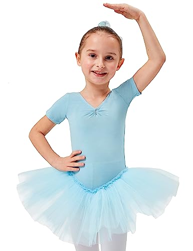 tanzmuster ® Ballettkleid Mädchen Tutu - Nele- aus weichem Baumwollstoff mit Glitzersteinen fürs Kinder Ballett Ballettbody Ballett Trikot, Hellblau 128-134 von tanzmuster