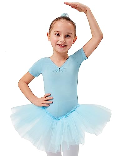 tanzmuster ® Ballettkleid Mädchen Tutu - Nele- aus weichem Baumwollstoff mit Glitzersteinen fürs Kinder Ballett Ballettbody Ballett Trikot, Hellblau 92-98 von tanzmuster