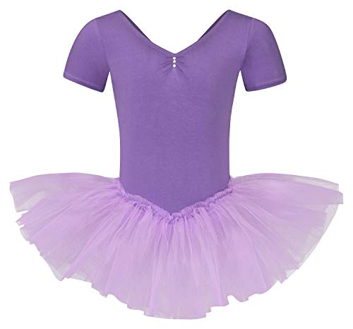 tanzmuster ® Ballettkleid Mädchen Tutu - Nele- aus weichem Baumwollstoff mit Glitzersteinen fürs Kinder Ballett Ballettbody Ballett Trikot, Lavendel 92-98 von tanzmuster