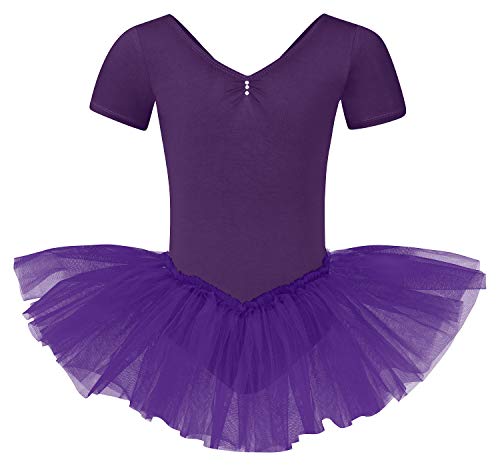 tanzmuster ® Ballettkleid Mädchen Tutu - Nele- aus weichem Baumwollstoff mit Glitzersteinen fürs Kinder Ballett Ballettbody Ballett Trikot, Lila 104-110 von tanzmuster