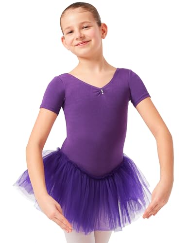 tanzmuster ® Ballettkleid Mädchen Tutu - Nele- aus weichem Baumwollstoff mit Glitzersteinen fürs Kinder Ballett Ballettbody Ballett Trikot, Lila 116-122 von tanzmuster