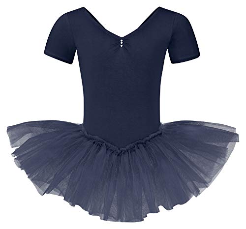 tanzmuster ® Ballettkleid Mädchen Tutu - Nele- aus weichem Baumwollstoff mit Glitzersteinen fürs Kinder Ballett Ballettbody Ballett Trikot, Marineblau 116-122 von tanzmuster