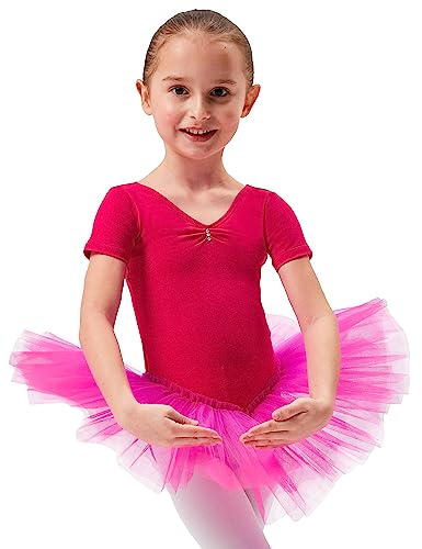 tanzmuster ® Ballettkleid Mädchen Tutu - Nele- aus weichem Baumwollstoff mit Glitzersteinen fürs Kinder Ballett Ballettbody Ballett Trikot, Pink 164-170 von tanzmuster