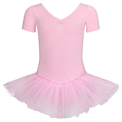 tanzmuster ® Ballettkleid Mädchen Tutu - Nele- aus weichem Baumwollstoff mit Glitzersteinen fürs Kinder Ballett Ballettbody Ballett Trikot, Rosa 116-122 von tanzmuster