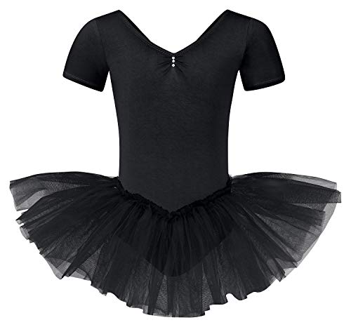 tanzmuster ® Ballettkleid Mädchen Tutu - Nele- aus weichem Baumwollstoff mit Glitzersteinen fürs Kinder Ballett Ballettbody Ballett Trikot, Schwarz 116-122 von tanzmuster