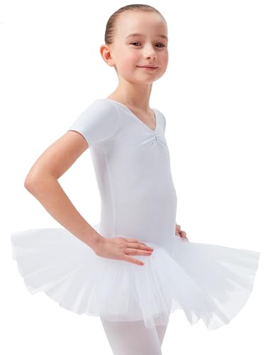 tanzmuster ® Ballettkleid Mädchen Tutu - Nele- aus weichem Baumwollstoff mit Glitzersteinen fürs Kinder Ballett Ballettbody Ballett Trikot, Weiß 140-146 von tanzmuster