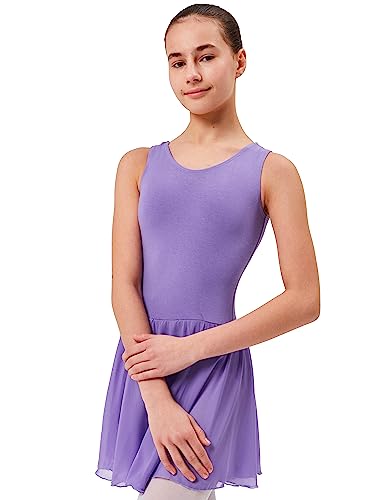 tanzmuster Ballettkleid Mädchen ärmellos - Minnie - aus weichem Baumwollstoff mit Chiffonröckchen Ballett Trikot Ballettanzug in Lavendel, Größe:116/122 von tanzmuster