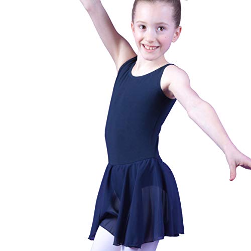 tanzmuster ® Ballettkleid Mädchen ärmellos - Minnie - aus weichem Baumwollstoff mit Chiffonröckchen Ballett Trikot Ballettanzug in Marineblau, Größe:140/146 von tanzmuster