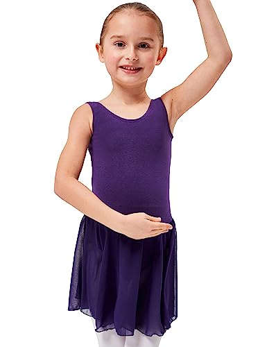 tanzmuster ® Ballettkleid Mädchen ärmellos - Minnie - aus weichem Baumwollstoff mit Chiffonröckchen Ballett Trikot Ballettanzug in lila, Größe:128/134 von tanzmuster